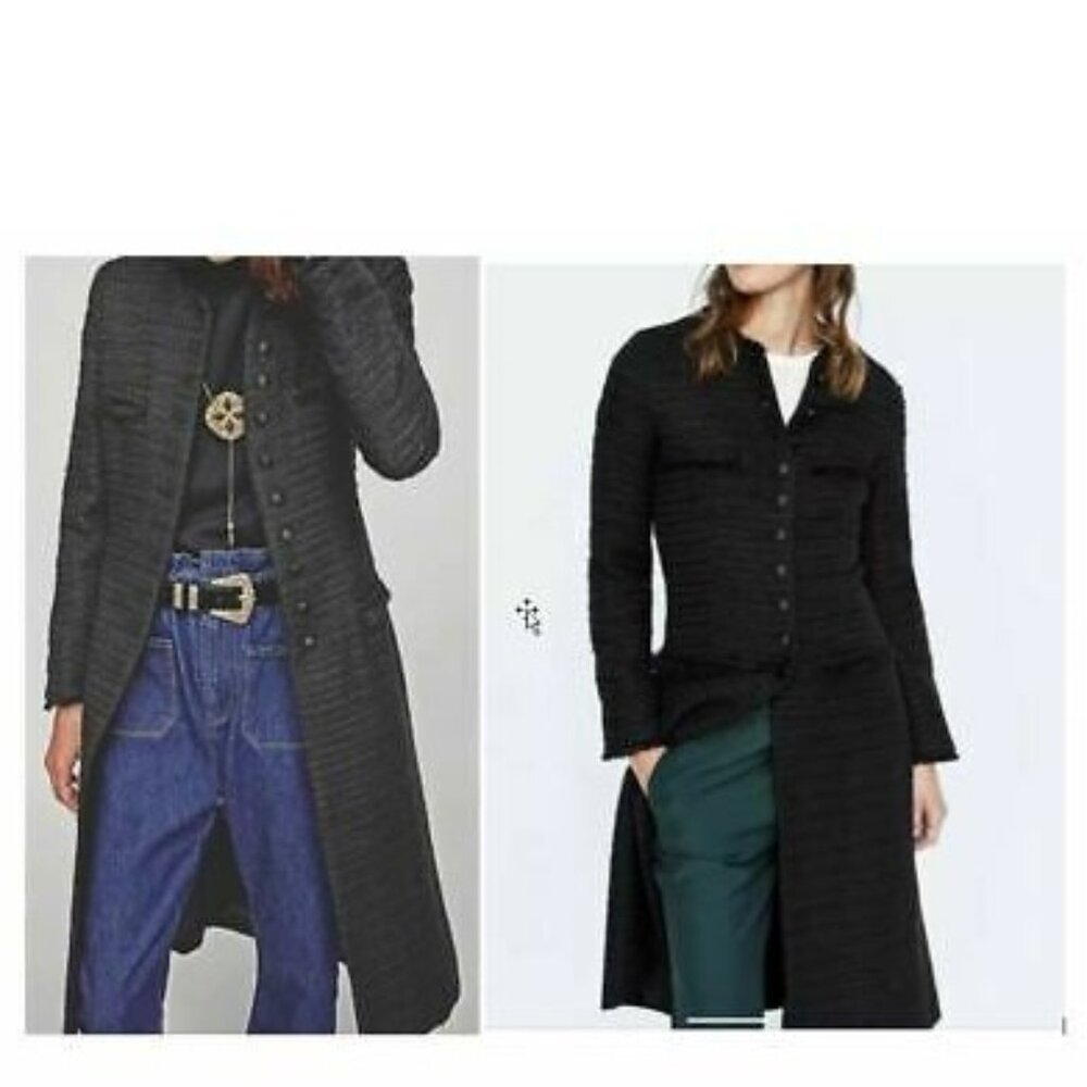 Zara Black Tweed Military Style Long Top Coat, NWOT, M